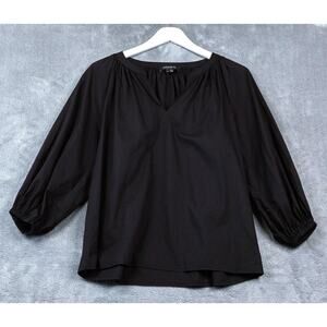 LAFAYETTE 148 Gathered Split Neck Peasant Pop Over Top Minimalist Black‎ Sz M
